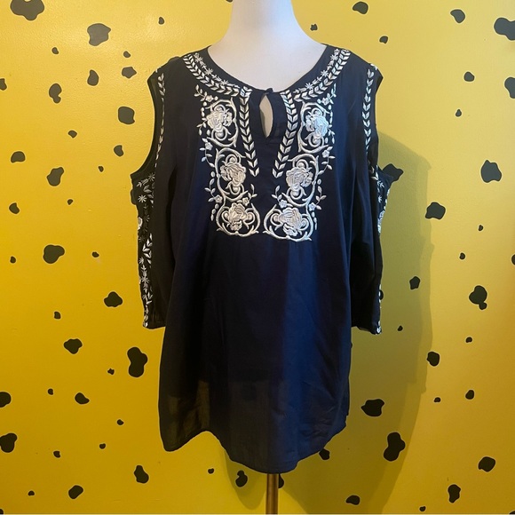 Charter Club Tops - Embroidered Navy Blue Women's Top Cold-shoulder Blouse XXL Boho Chic Festival
